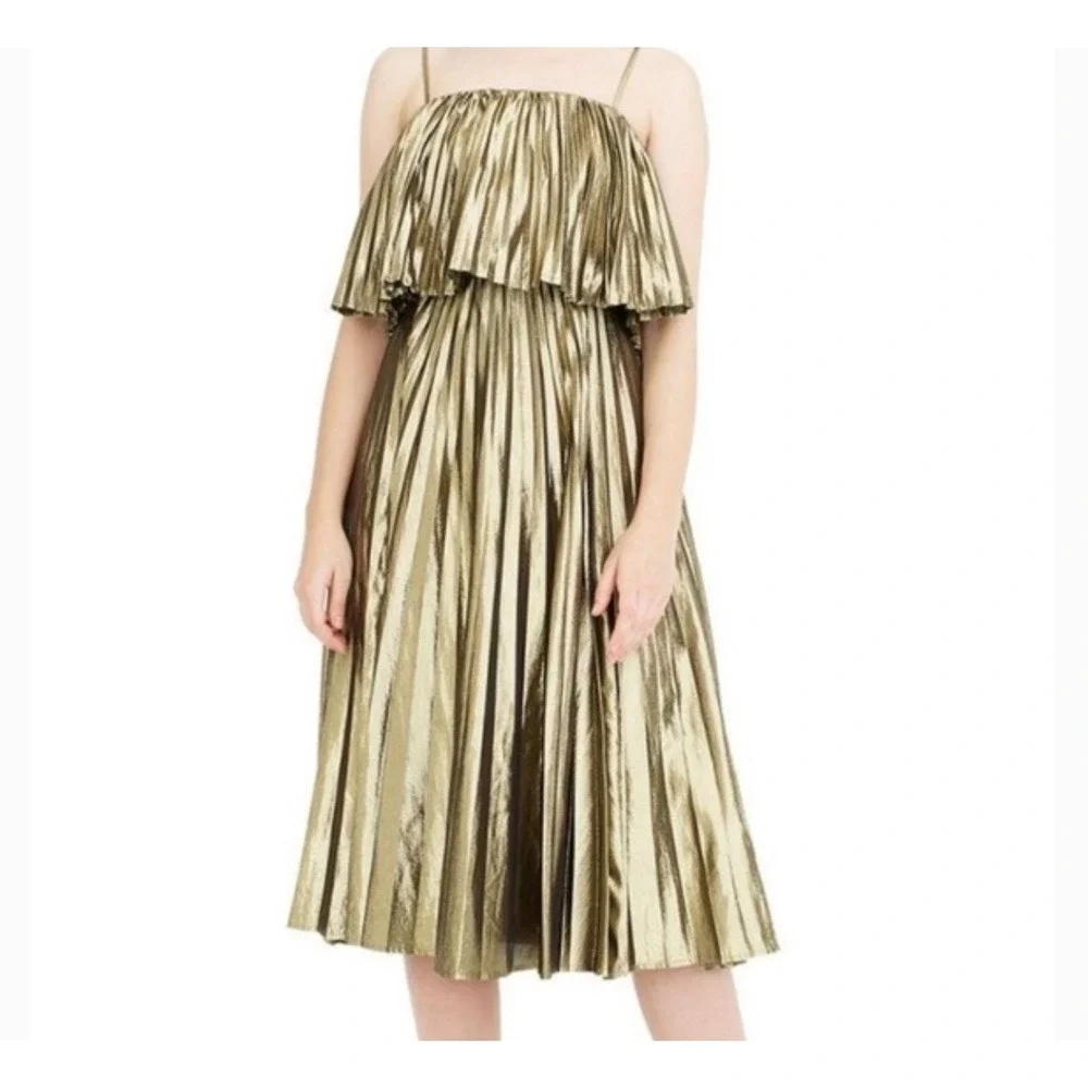 J. Crew Collection Goma Midi Dress Pleated Gold Lame Size‎ 0